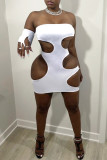 White Fashion Sexy Solid Hollowed Out Fold Strapless Sleeveless Dress
