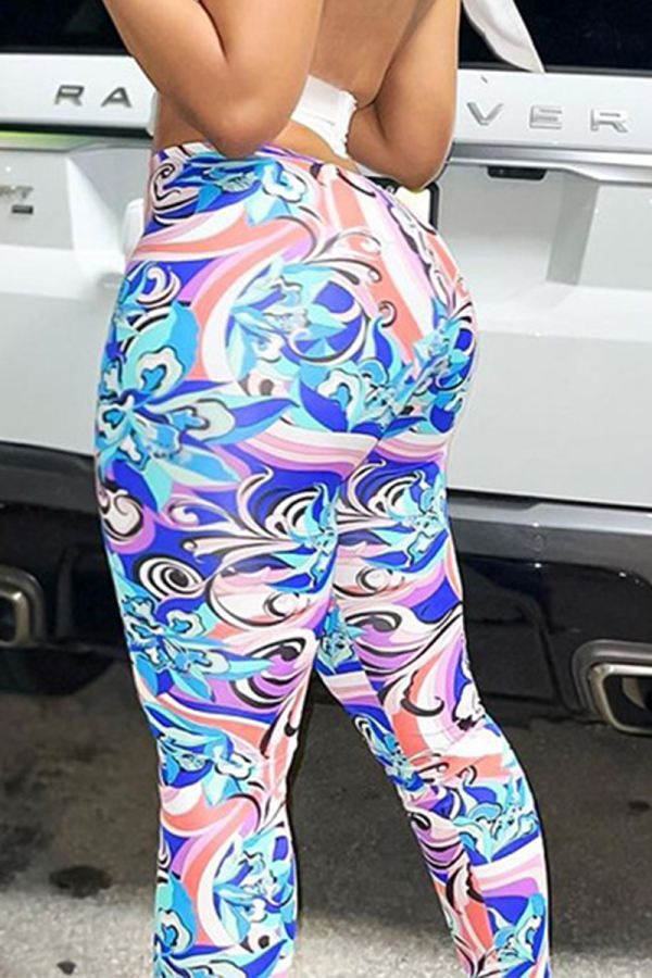 Blue Sexy Print Mesh Skinny High Waist Pencil Full Print Bottoms