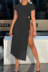 Black Fashion Sexy Solid See-through Slit O Neck Short Sleeve Dress