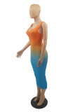 Blue Fashion Sexy Gradual Change Print Basic V Neck Vest Dress