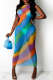 Peacock Blue Sexy Print Mesh O Neck Pencil Skirt Dresses