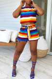 Colour Casual Striped Patchwork O Neck Short Sleeve Two Pieces
