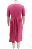 Rose Red Fashion Casual Plus Size Solid Basic O Neck Short Sleeve Dress (No Pocket)