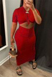 Red Fashion Casual Solid Fold O Neck Short Sleeve Two Pieces