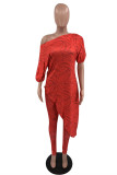 Red Fashion Casual Print Asymmetrical Oblique Collar Half Sleeve Two Pieces