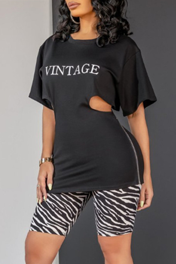 Black Fashion Casual Letter Print Hollowed Out O Neck Short Sleeve Two Pieces