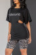 Black Fashion Casual Letter Print Hollowed Out O Neck Short Sleeve Two Pieces