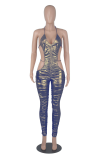 Blue Sexy Solid Hollowed Out Halter Skinny Jumpsuits