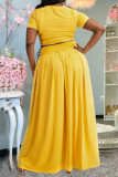 Yellow Casual Simplicity Solid Bandage O Neck A Line Plus Size Two Pieces