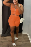 Rose Red Casual Solid Buckle Spaghetti Strap Sleeveless Two Pieces