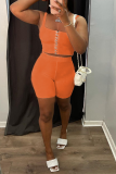 Orange Casual Solid Buckle Spaghetti Strap Sleeveless Two Pieces