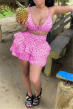 Pink Sexy Casual Dot Print Backless Halter Sleeveless Two Pieces Swimwear