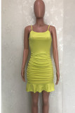 Yellow Casual Solid Split Joint Flounce Fold Spaghetti Strap Sling Dress Dresses