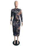 Multicolor Fashion Casual Print Basic O Neck Long Sleeve Dresses