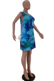 Sky Blue Fashion Casual Tie Dye Printing V Neck Sleeveless Dress