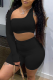 Black Casual Solid Hollowed Out One Shoulder Long Sleeve Two Pieces