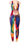 Light Blue Sexy Print Hollowed Out Patchwork Frenulum V Neck Skinny Jumpsuits