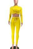 Yellow Casual Solid Bandage Split Joint Fold O Neck Long Sleeve Two Pieces