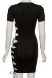 Black Sexy Solid Hollowed Out Split Joint Frenulum O Neck Short Sleeve Dress Dresses
