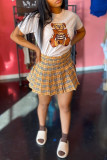 Yellow Fashion Casual Print Basic O Neck Short Sleeve Two Pieces