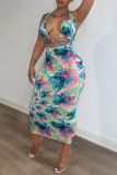 Blue Sexy Print Tie Dye Backless Strap Design Halter Sleeveless Dress