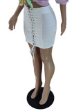 White Sexy Casual Solid Strap Design Regular High Waist Skirt
