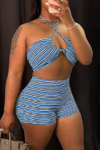 Light Blue Fashion Sexy Striped Print Hollowed Out Backless Halter Sleeveless Two Pieces