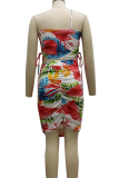 White Sexy Print Patchwork One Shoulder Sleeveless Two Pieces