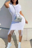 Pink Fashion Casual Solid Tassel O Neck Short Sleeve Dress