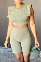 Army Green Fashion Casual Solid Basic O Neck Sleeveless Two Pieces