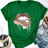 Wine Red Fashion Casual Lips Printed Basic O Neck Tops