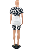 White Casual Animal Print Patchwork O Neck Short Sleeve Two Pieces