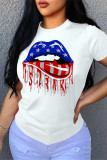 White Fashion Casual Lips Printed Basic O Neck T-Shirts