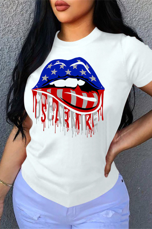 White Fashion Casual Lips Printed Basic O Neck T-Shirts