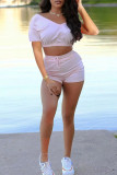 Pink Fashion Casual Solid Basic V Neck Short Sleeve Two Pieces