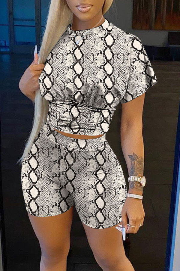 Grey Casual Print Patchwork O Neck Short Sleeve Two Pieces