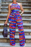 Blue Sexy Print Patchwork Halter Straight Jumpsuits