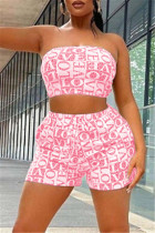 Pink Fashion Sexy Print Backless Strapless Sleeveless Two Pieces