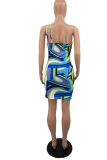 Blue Sexy Print Hollowed Out Spaghetti Strap Pencil Skirt Dresses