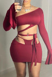 Green Fashion Sexy Solid Bandage Hollowed Out Oblique Collar Long Sleeve Two Pieces