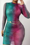 Khaki Sexy Striped Print Split Joint O Neck Long Sleeve Dresses