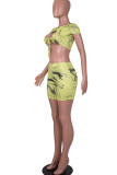 Red Sexy Print Hollowed Out Patchwork Frenulum O Neck Short Sleeve Two Pieces