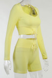 Yellow Casual Solid Patchwork Frenulum V Neck Long Sleeve Two Pieces