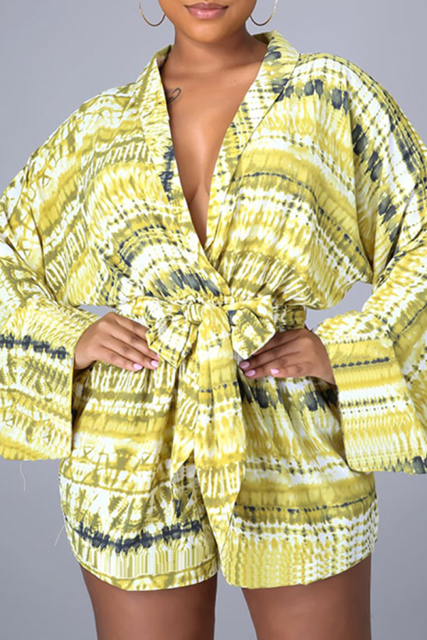 Yellow Casual Print Patchwork V Neck Loose Rompers