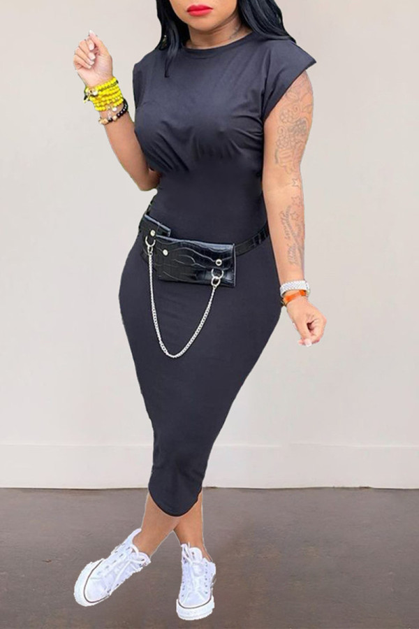 Black Fashion Casual Solid Basic O Neck Sleeveless Dress
