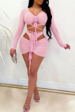 Pink Sexy Solid Mesh V Neck Long Sleeve Two Pieces