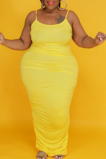 Yellow Sexy Solid Split Joint Fold Spaghetti Strap Sling Dress Plus Size Dresses