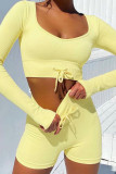Yellow Casual Solid Patchwork Frenulum V Neck Long Sleeve Two Pieces