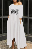White Fashion Casual Letter Print Oblique Collar Irregular Dress