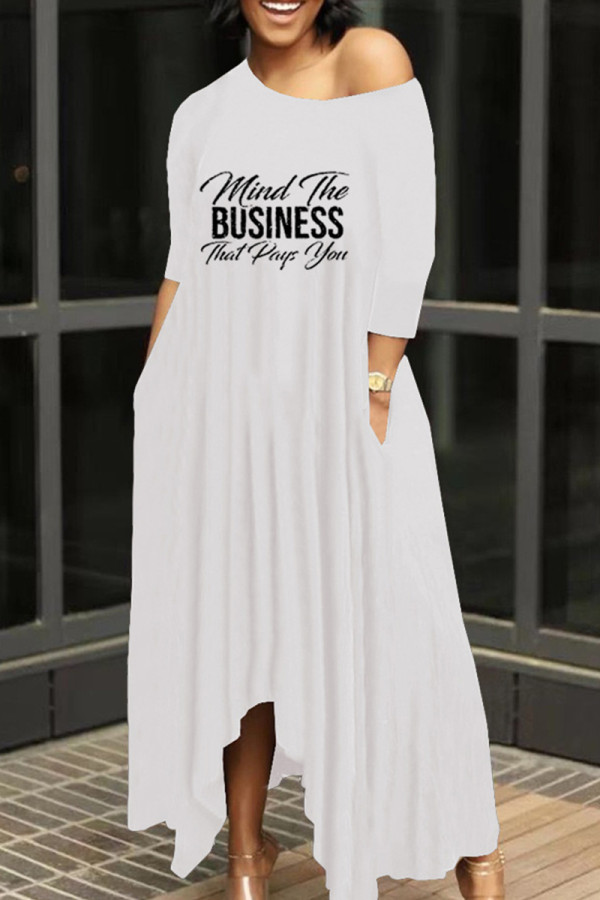 White Fashion Casual Letter Print Oblique Collar Irregular Dress